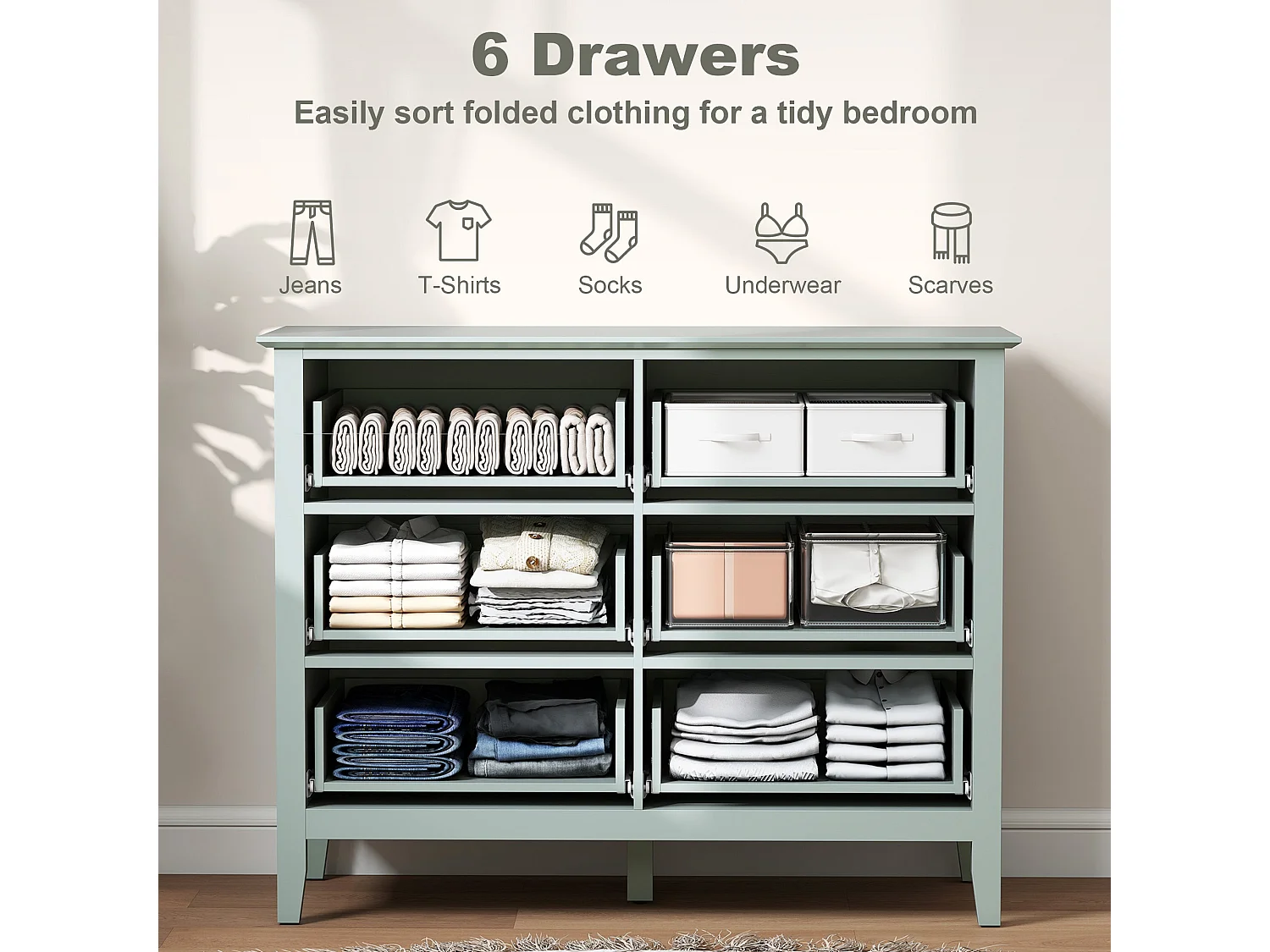 Visalo Mint Green 6 Drawer Fluted Storage Dresser