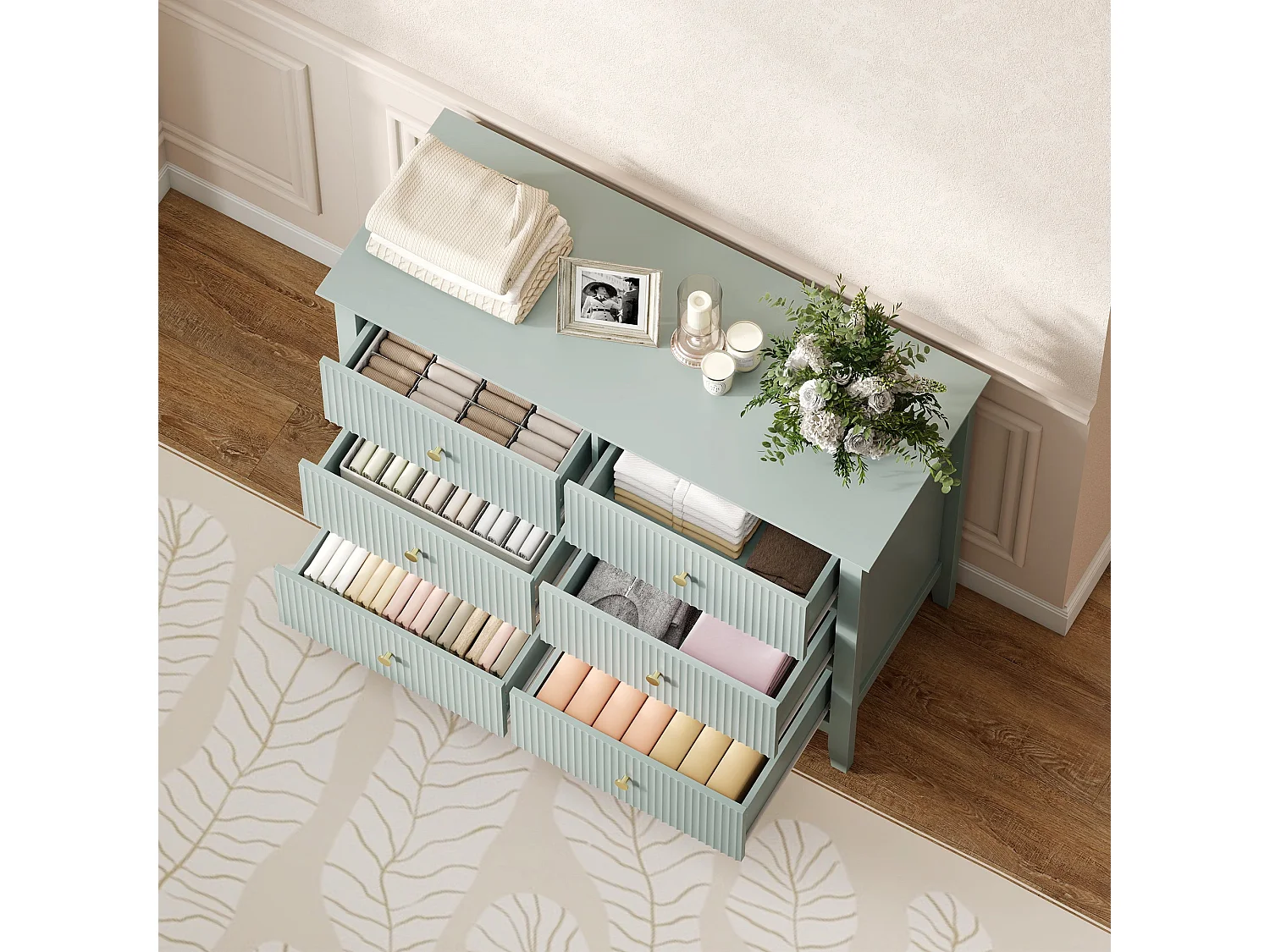 Visalo Mint Green 6 Drawer Fluted Storage Dresser
