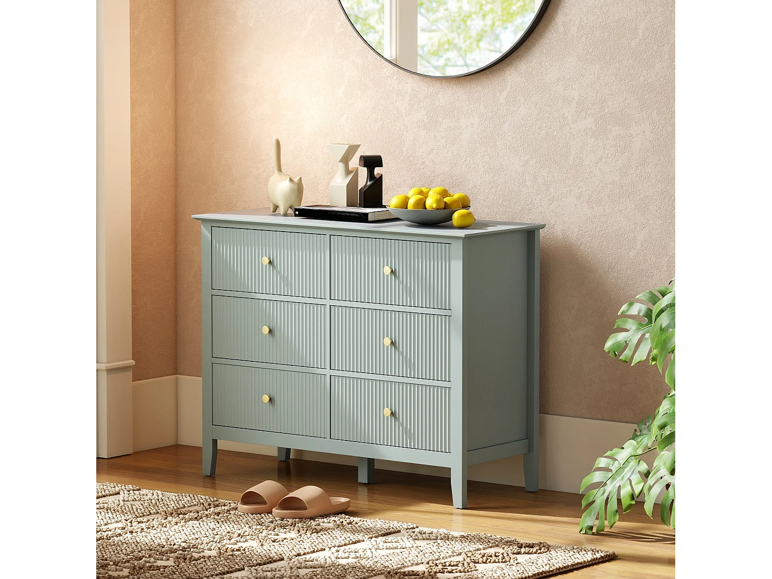 Visalo Mint Green 6 Drawer Fluted Storage Dresser