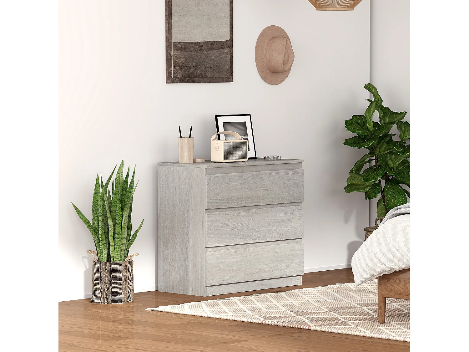 Grey Wood Effect 3 Drawer Chest of Drawers 80x39x73cm