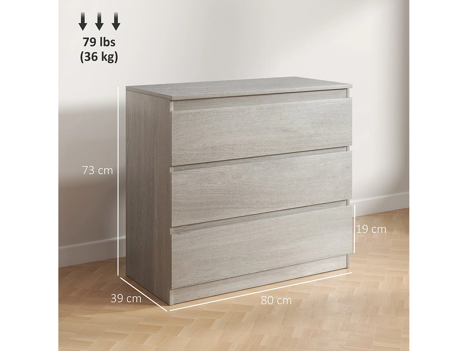 Grey Wood Effect 3 Drawer Chest of Drawers 80x39x73cm