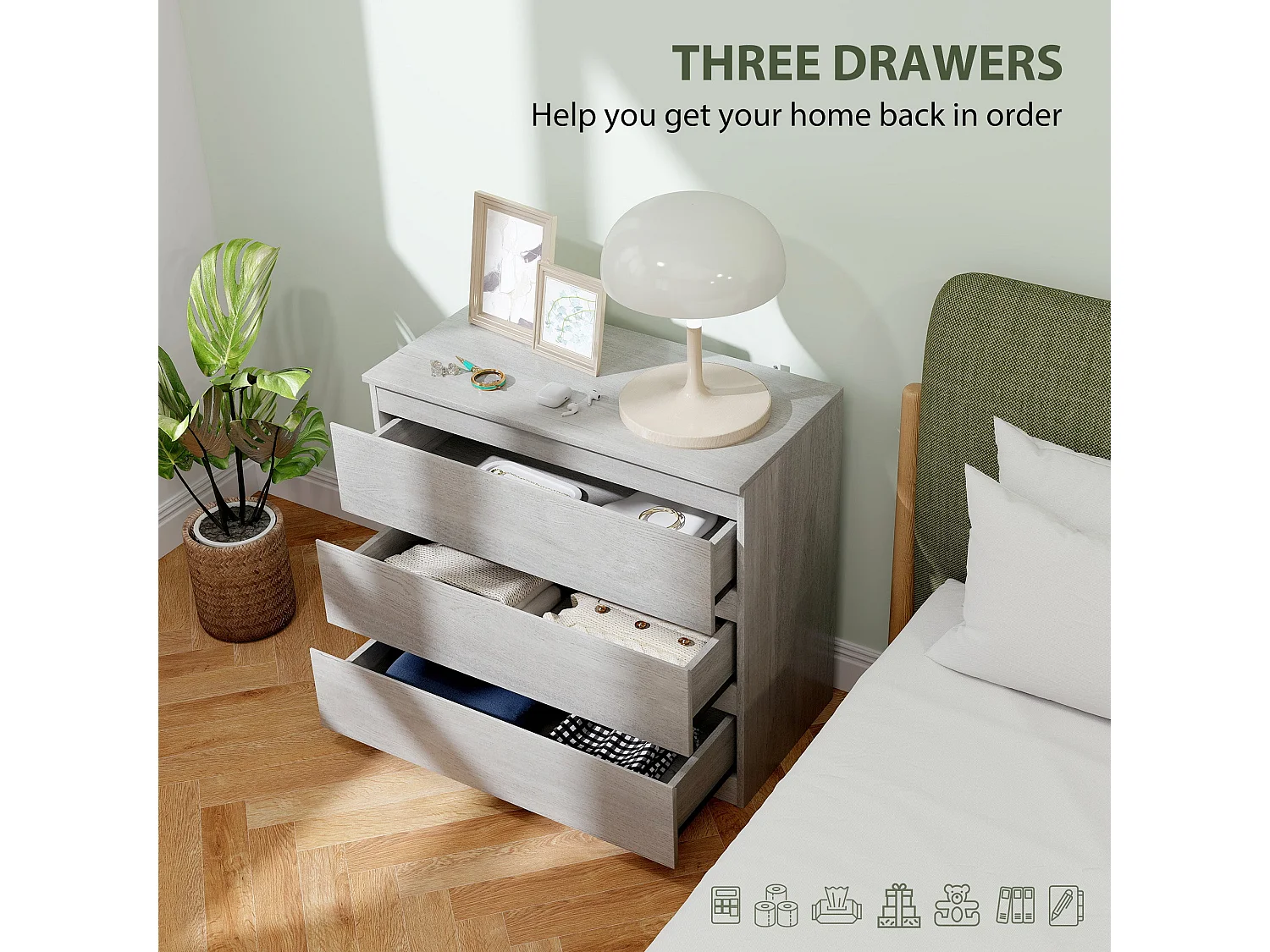 Grey Wood Effect 3 Drawer Chest of Drawers 80x39x73cm