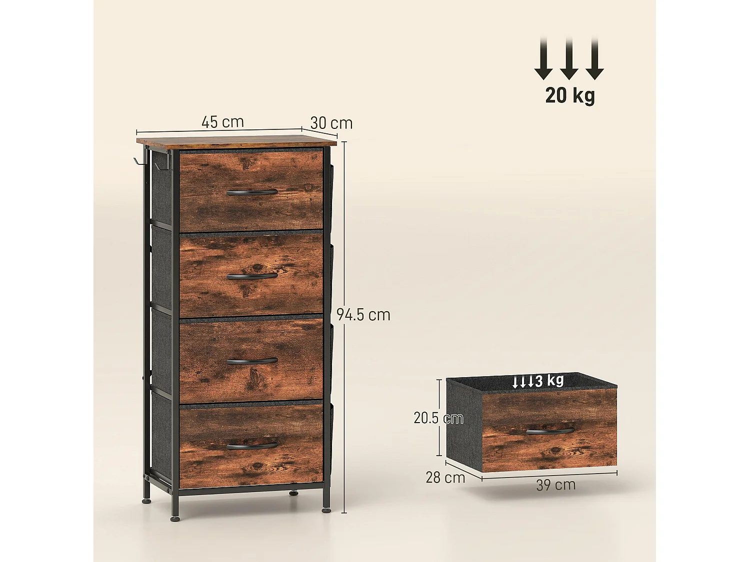 Balo Rustic Brown and Black 4 Drawer Fabric and Metal Storage Chest