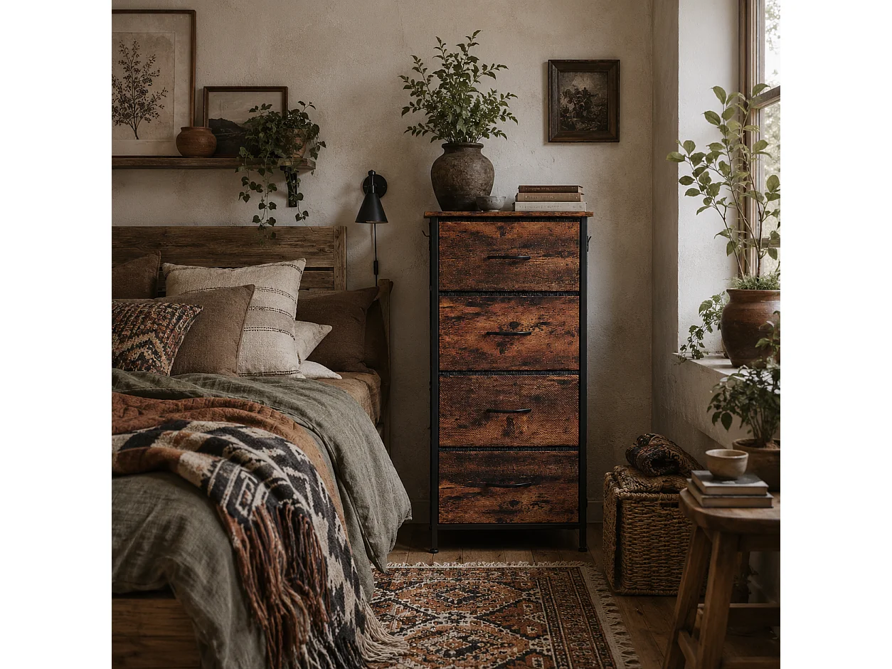 Balo Rustic Brown and Black 4 Drawer Fabric and Metal Storage Chest