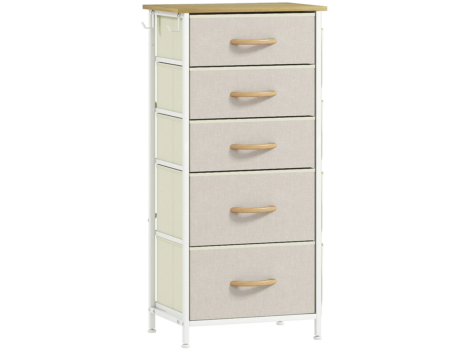 Batoro 5 Drawer Fabric and Metal Storage Chest Beige White Natural Wood Effect