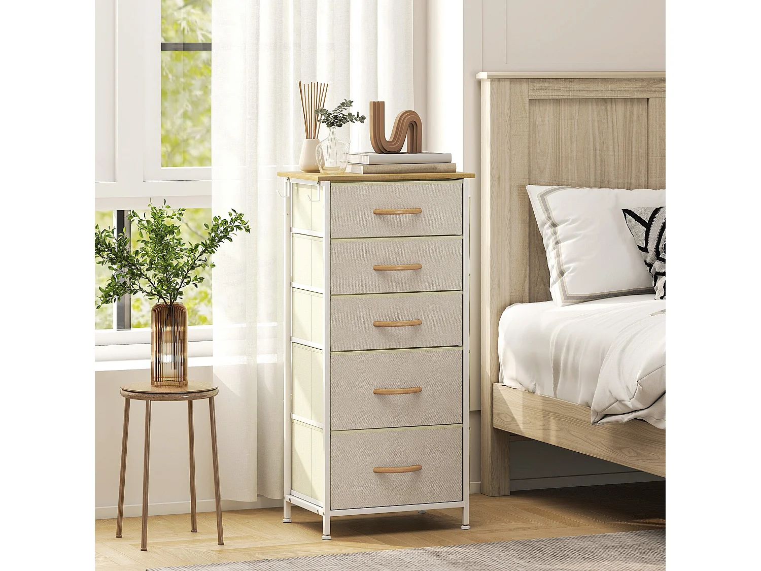 Batoro 5 Drawer Fabric and Metal Storage Chest Beige White Natural Wood Effect