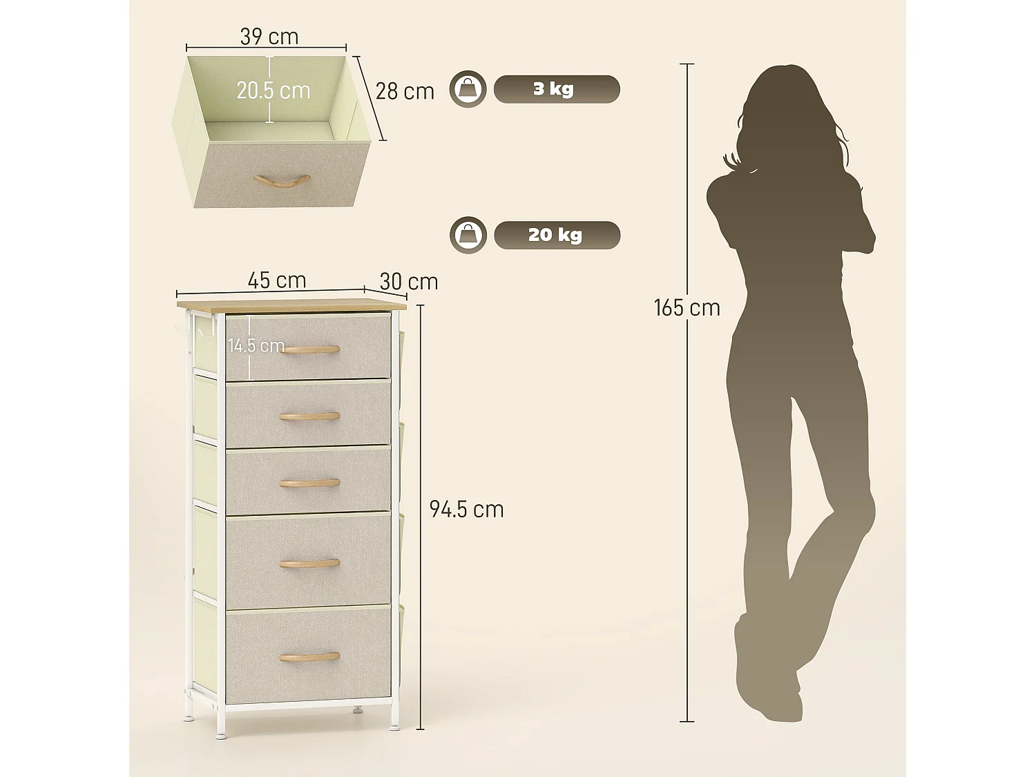Batoro 5 Drawer Fabric and Metal Storage Chest Beige White Natural Wood Effect