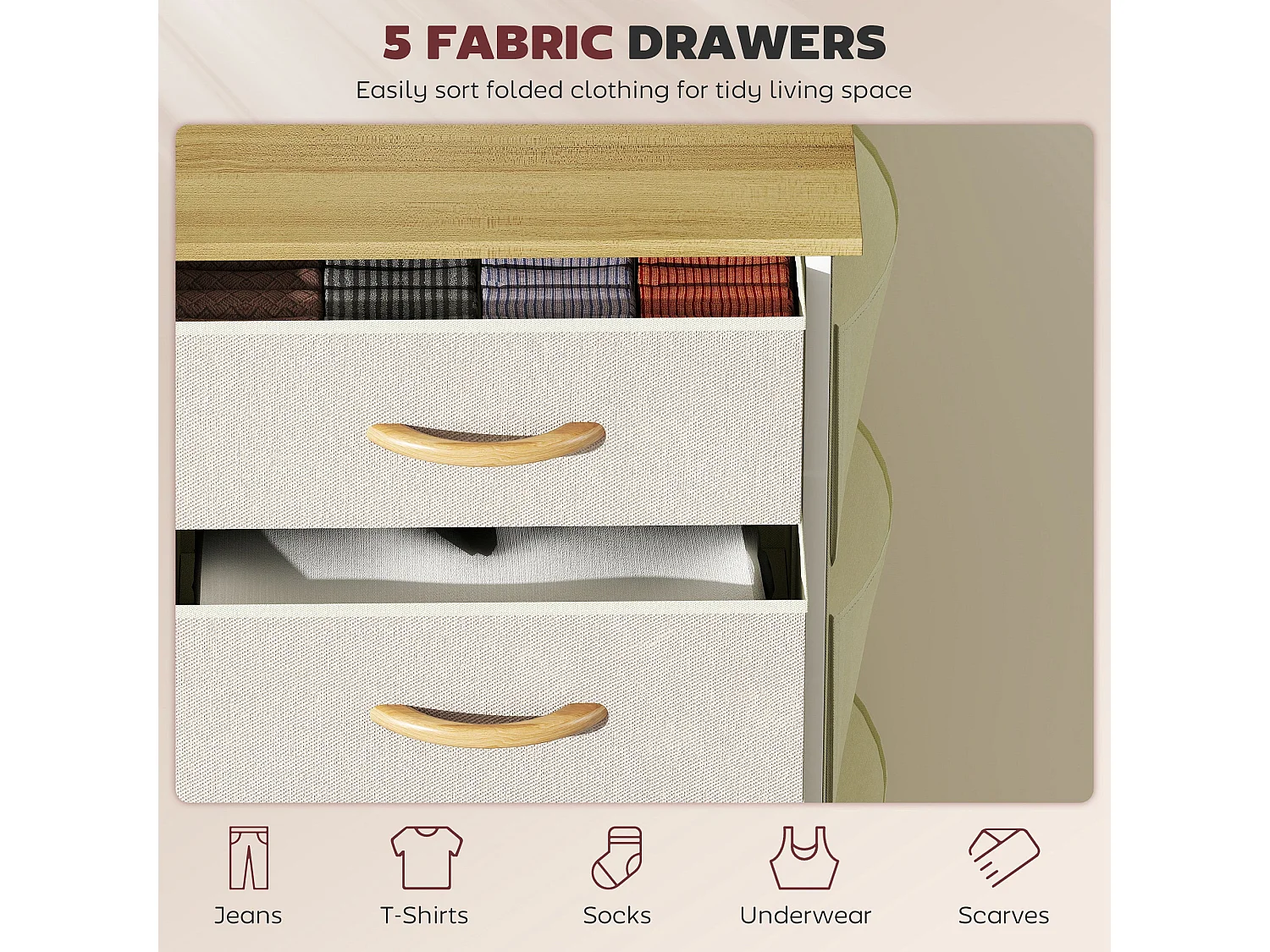 Batoro 5 Drawer Fabric and Metal Storage Chest Beige White Natural Wood Effect
