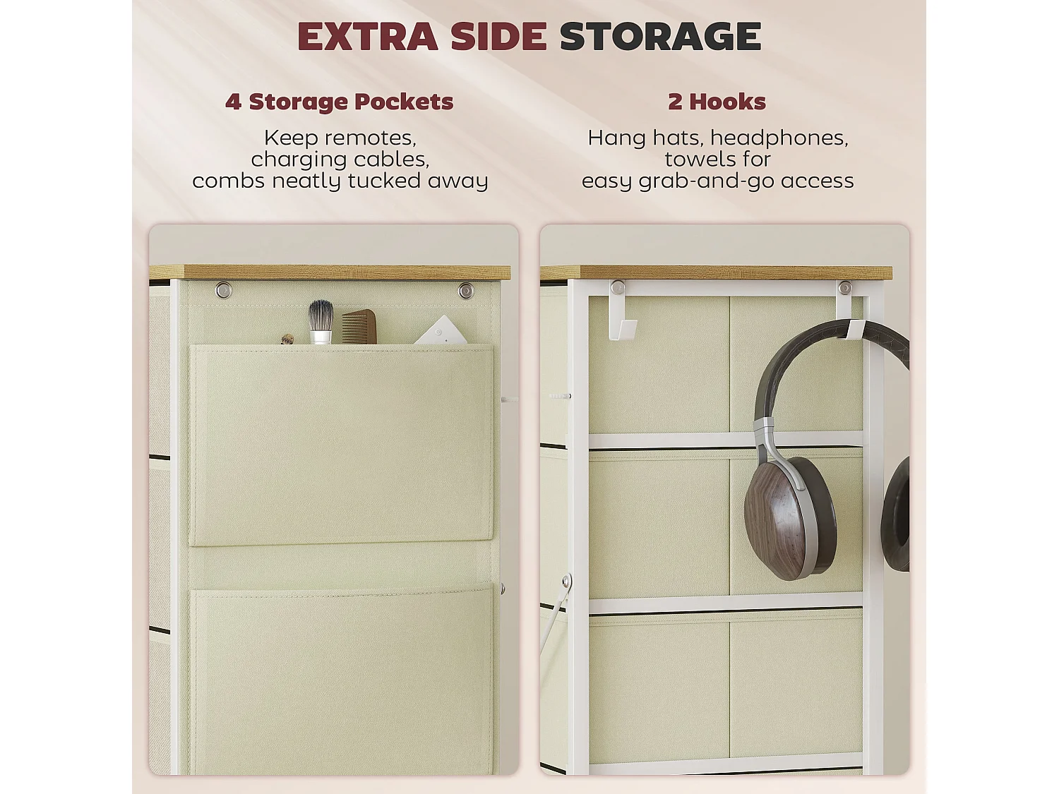 Batoro 5 Drawer Fabric and Metal Storage Chest Beige White Natural Wood Effect