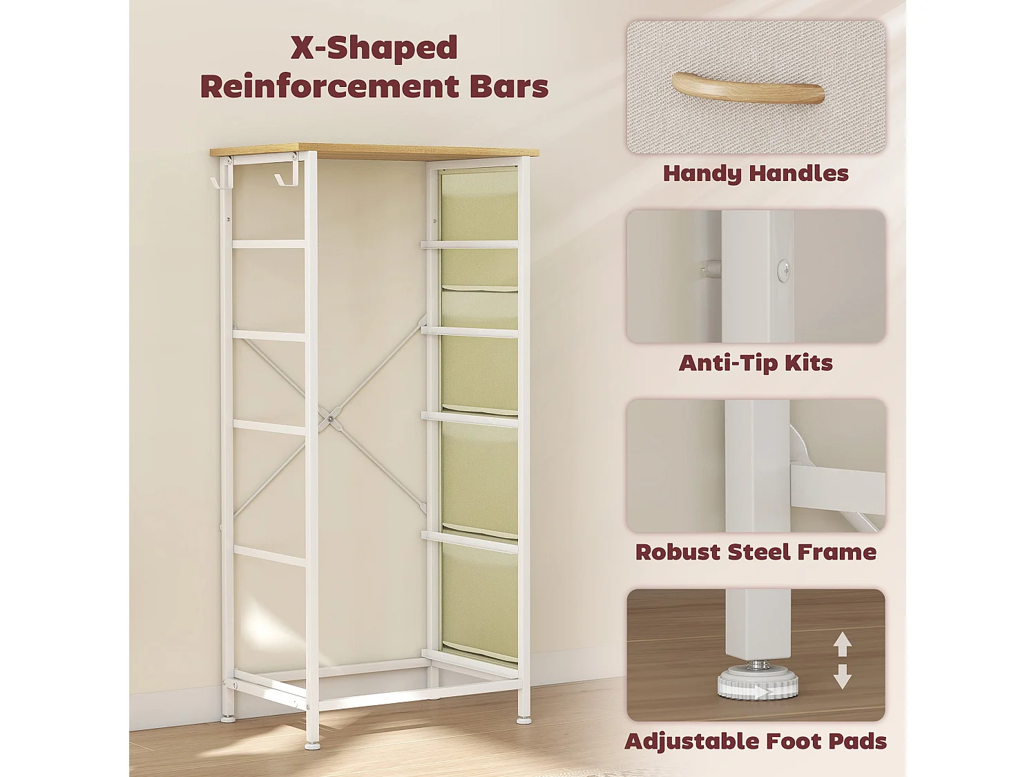 Batoro 5 Drawer Fabric and Metal Storage Chest Beige White Natural Wood Effect