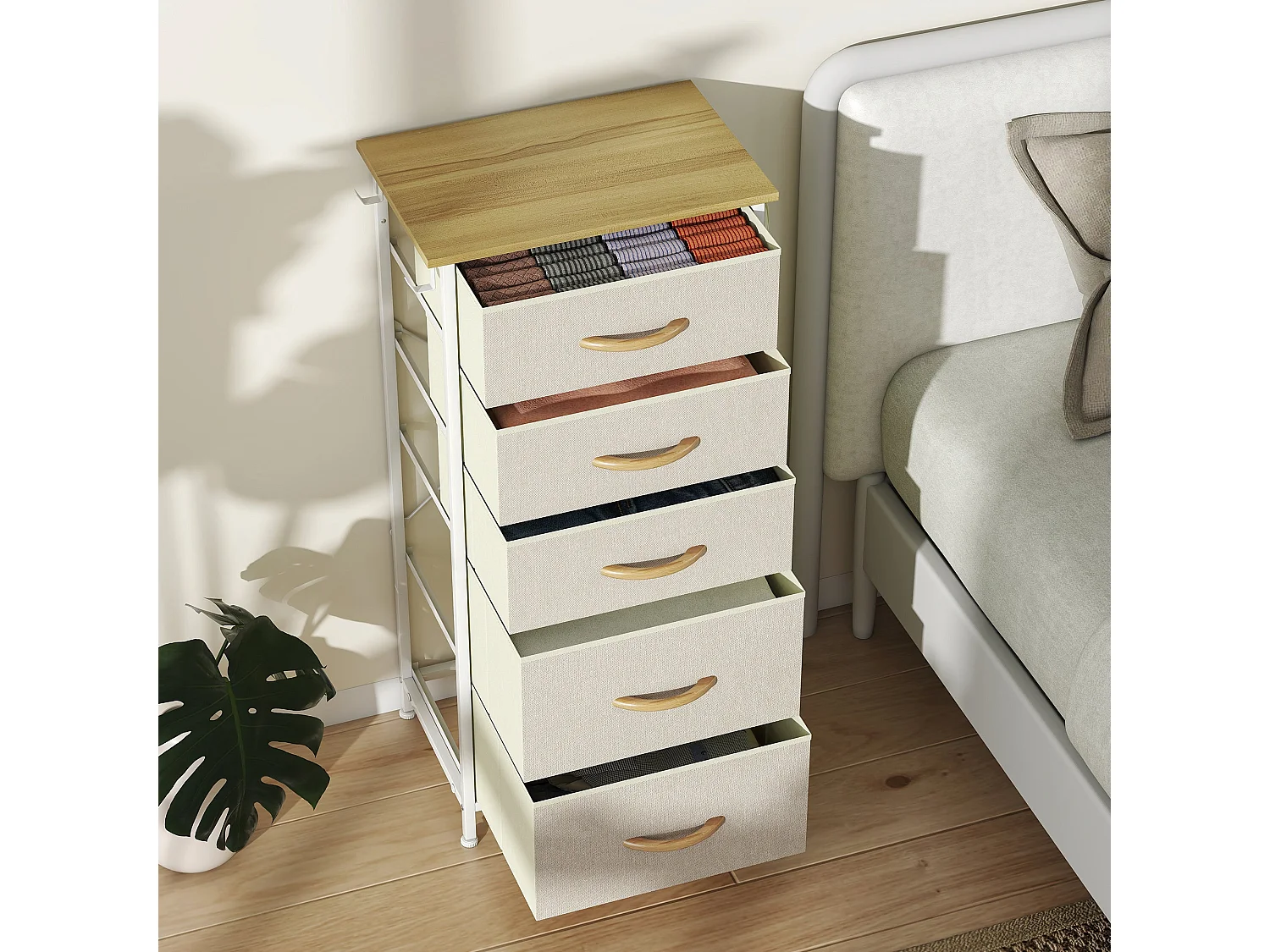 Batoro 5 Drawer Fabric and Metal Storage Chest Beige White Natural Wood Effect