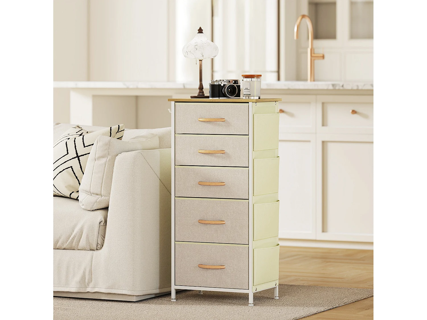 Batoro 5 Drawer Fabric and Metal Storage Chest Beige White Natural Wood Effect