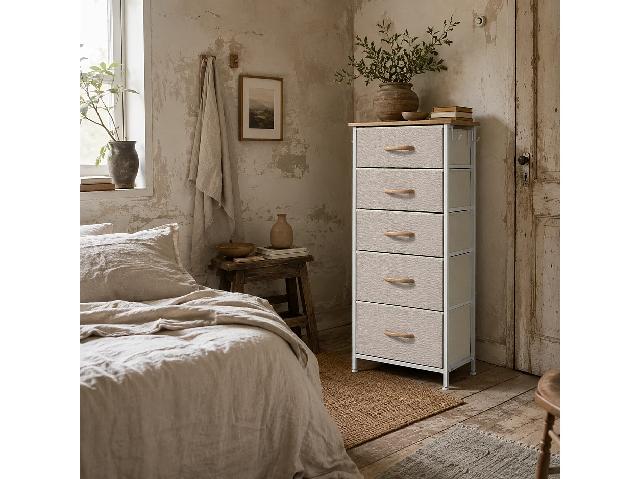 Batoro 5 Drawer Fabric and Metal Storage Chest Beige White Natural Wood Effect