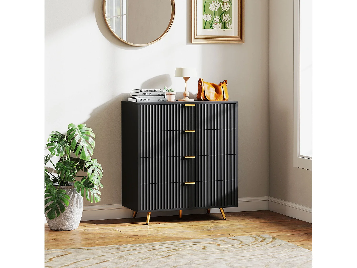 Disu Black 4 Drawer Bedside Chest with Ridged Fronts and Gold Handles