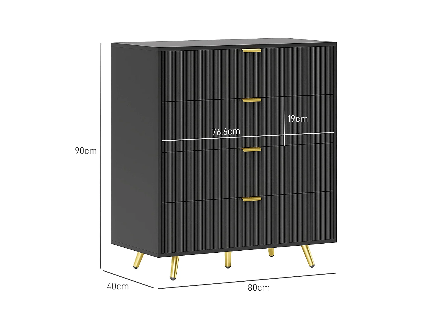 Disu Black 4 Drawer Bedside Chest with Ridged Fronts and Gold Handles