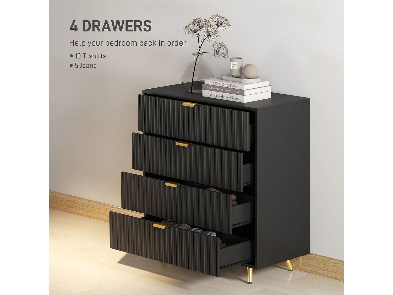 Disu Black 4 Drawer Bedside Chest with Ridged Fronts and Gold Handles