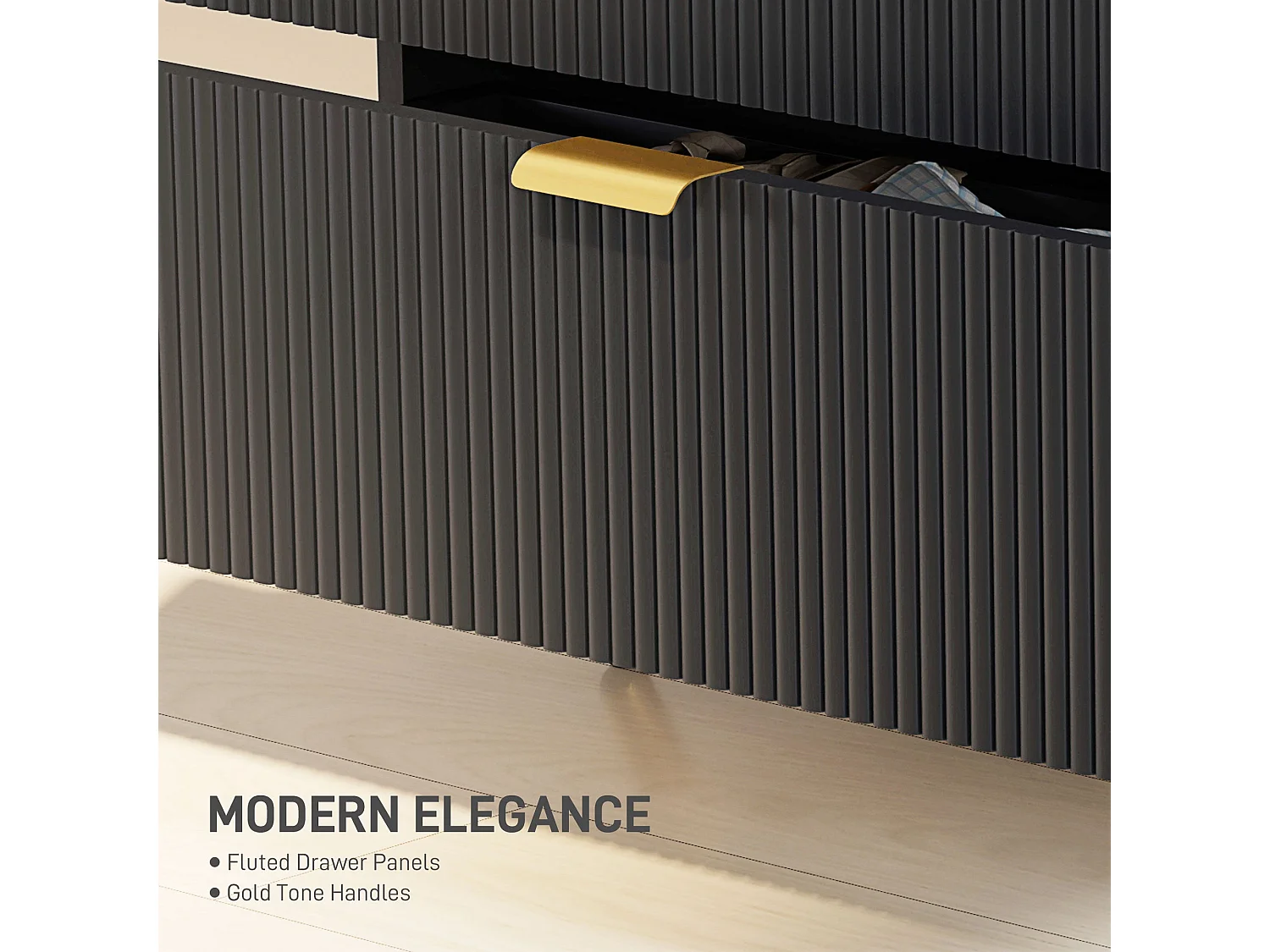 Disu Black 4 Drawer Bedside Chest with Ridged Fronts and Gold Handles
