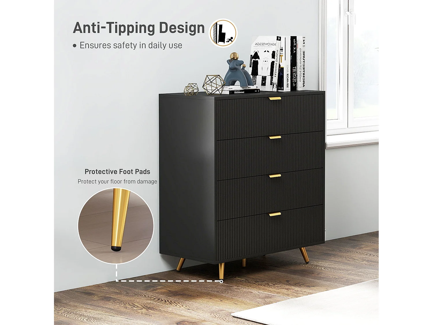 Disu Black 4 Drawer Bedside Chest with Ridged Fronts and Gold Handles
