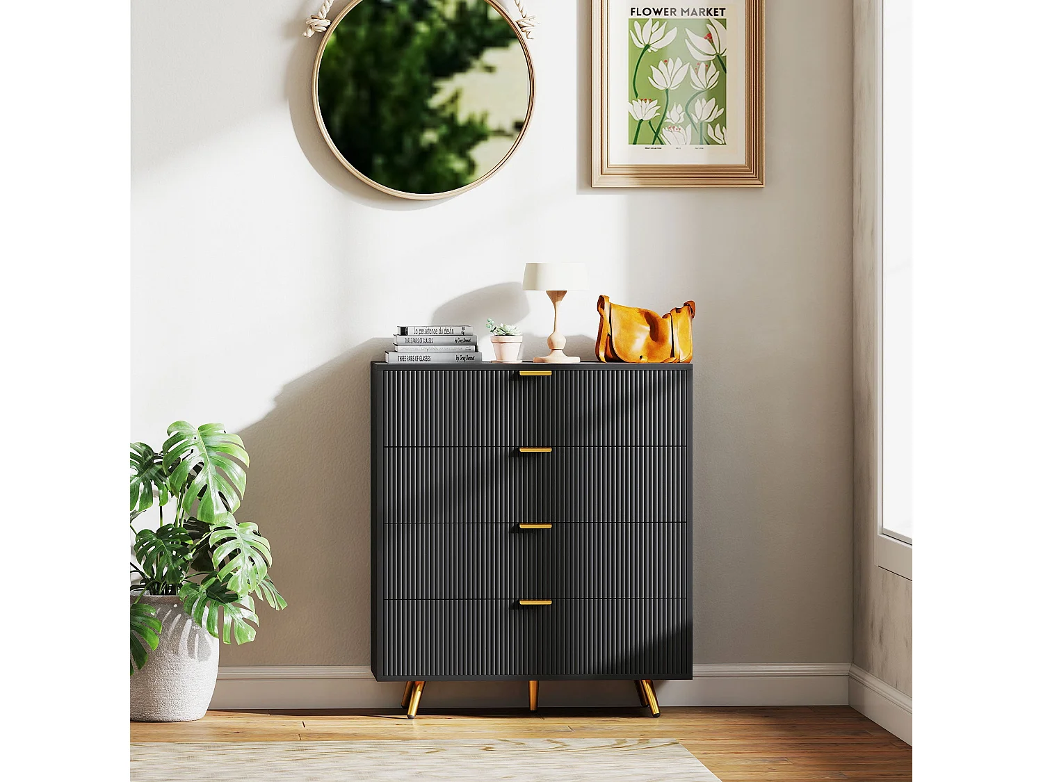 Disu Black 4 Drawer Bedside Chest with Ridged Fronts and Gold Handles
