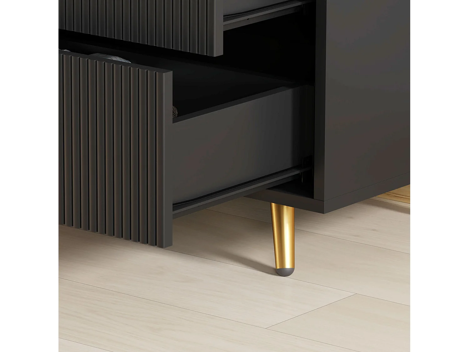 Disu Black 4 Drawer Bedside Chest with Ridged Fronts and Gold Handles
