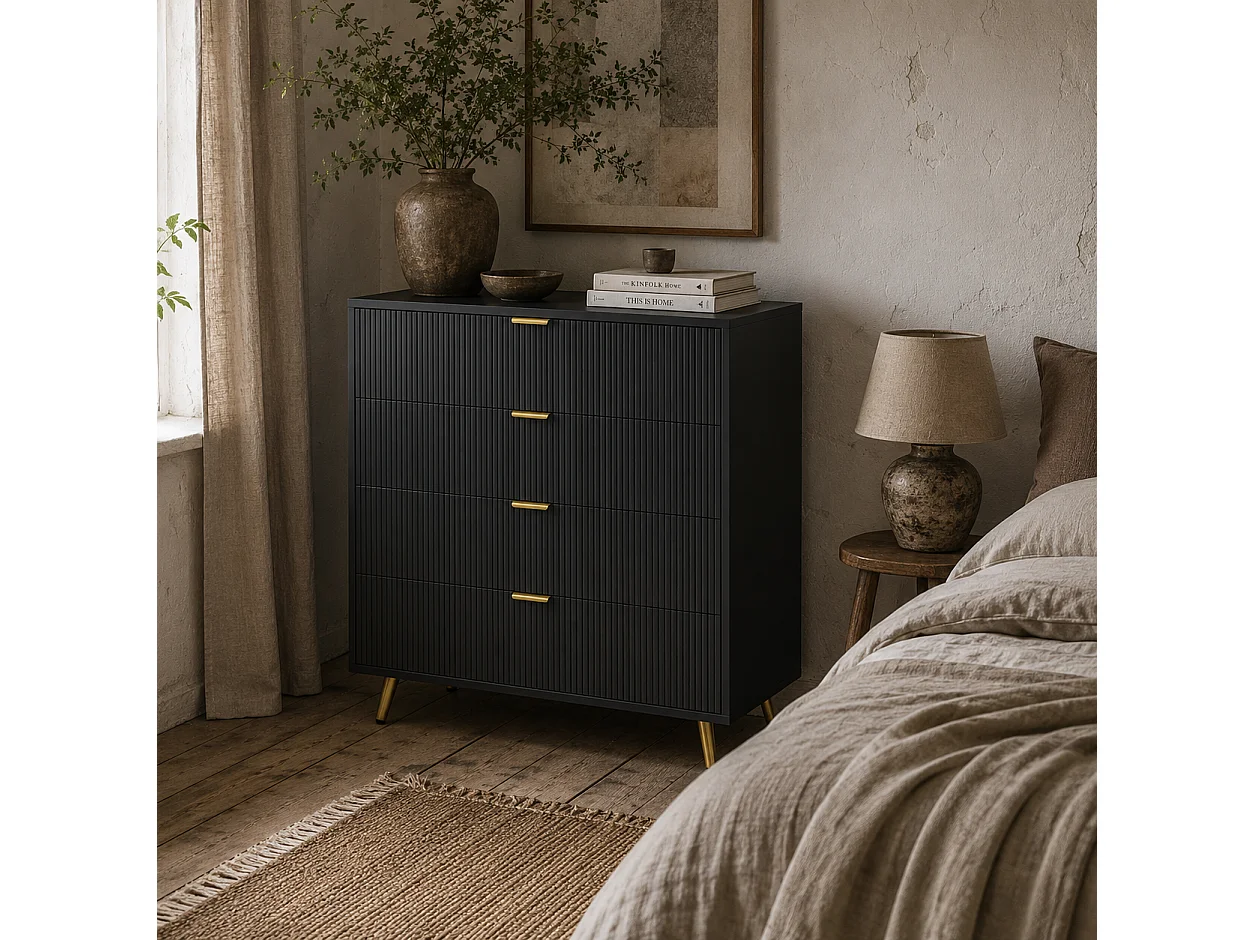 Disu Black 4 Drawer Bedside Chest with Ridged Fronts and Gold Handles