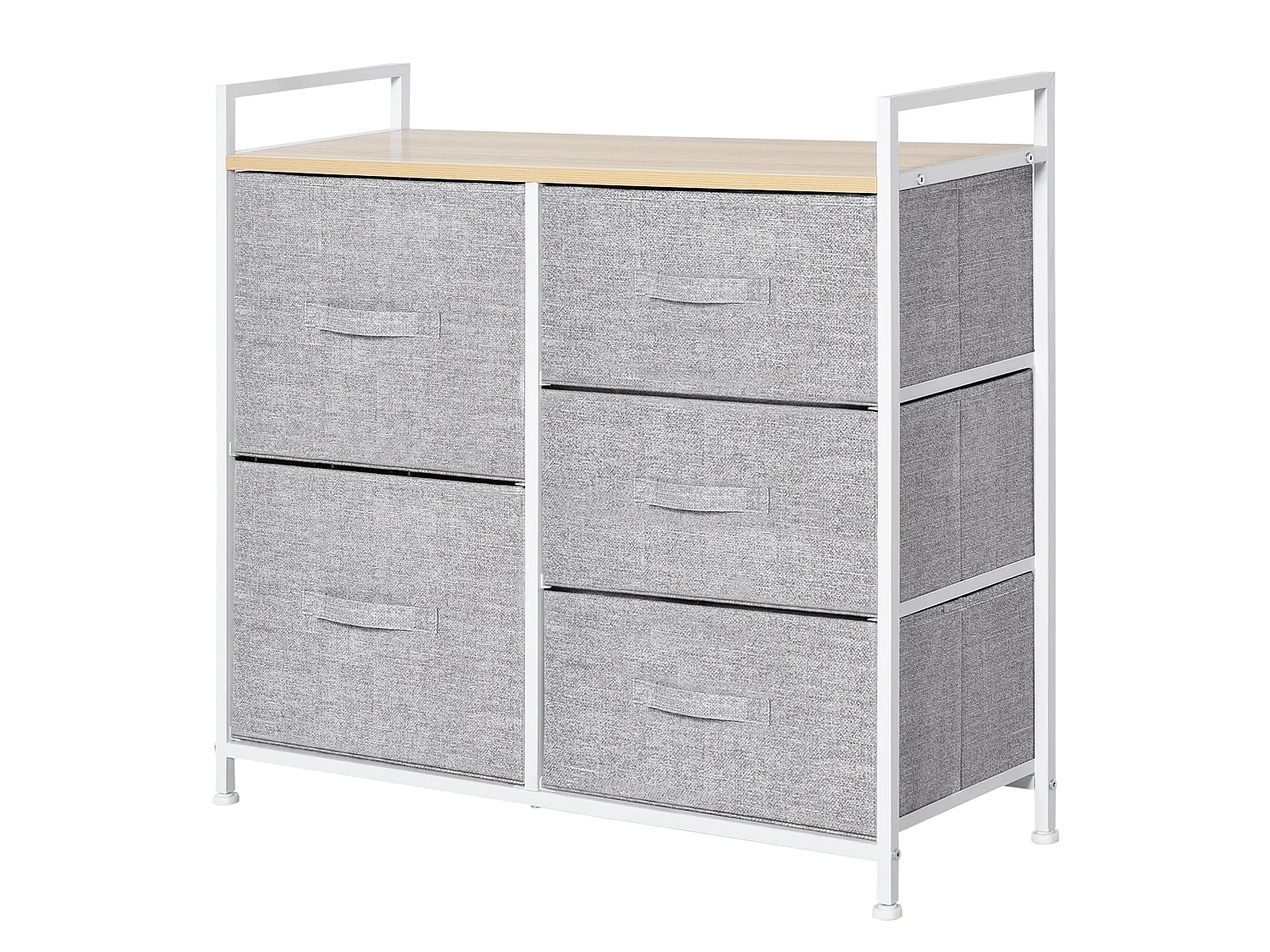 Vepapa 5 Drawer Storage Unit Grey Fabric Drawers Powder Coated Metal Frame Natural Wood Top