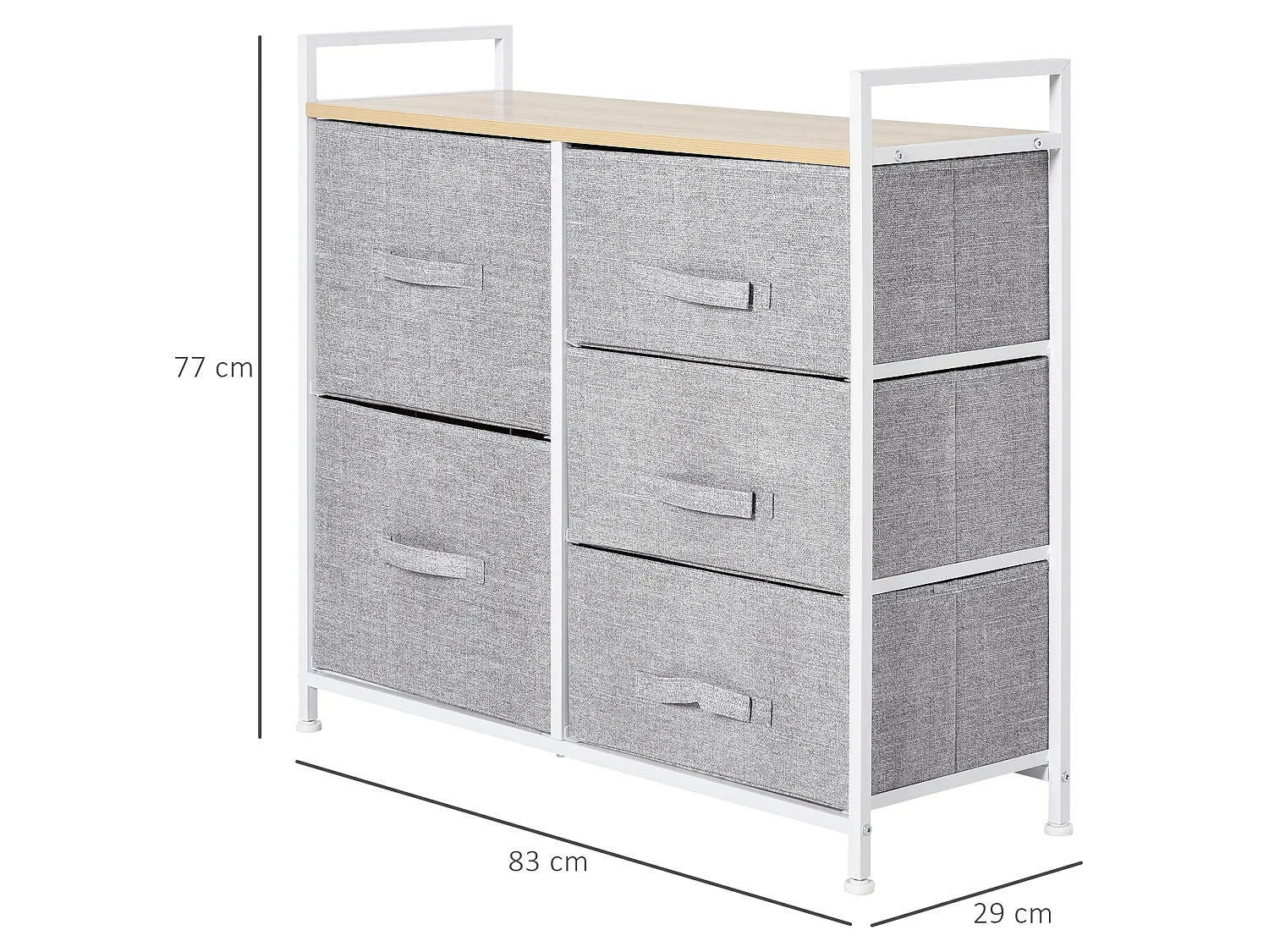 Vepapa 5 Drawer Storage Unit Grey Fabric Drawers Powder Coated Metal Frame Natural Wood Top