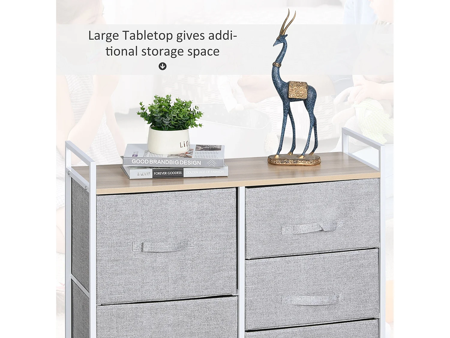 Vepapa 5 Drawer Storage Unit Grey Fabric Drawers Powder Coated Metal Frame Natural Wood Top