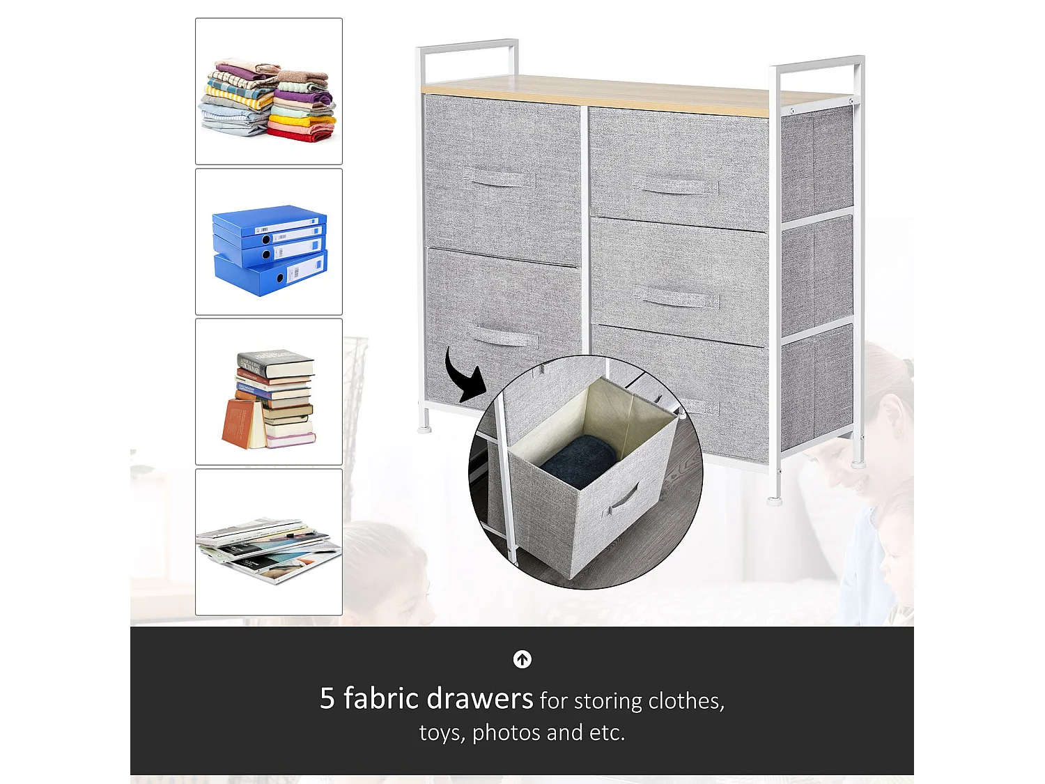 Vepapa 5 Drawer Storage Unit Grey Fabric Drawers Powder Coated Metal Frame Natural Wood Top