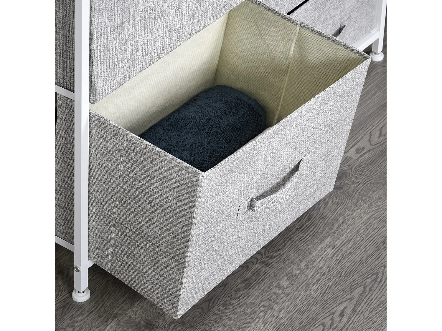 Vepapa 5 Drawer Storage Unit Grey Fabric Drawers Powder Coated Metal Frame Natural Wood Top