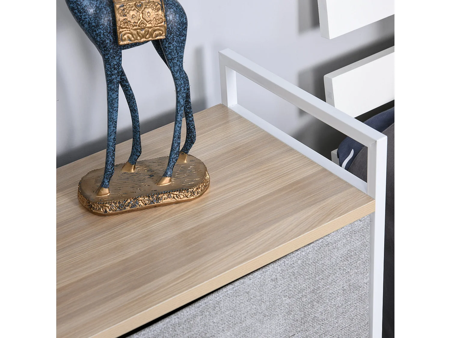 Vepapa 5 Drawer Storage Unit Grey Fabric Drawers Powder Coated Metal Frame Natural Wood Top