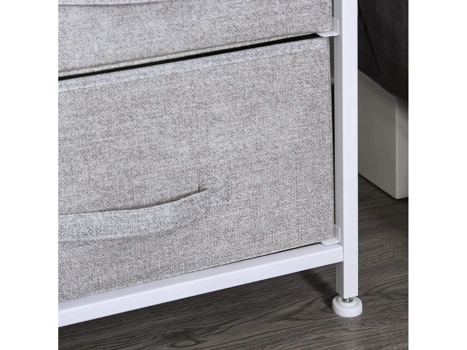 Vepapa 5 Drawer Storage Unit Grey Fabric Drawers Powder Coated Metal Frame Natural Wood Top