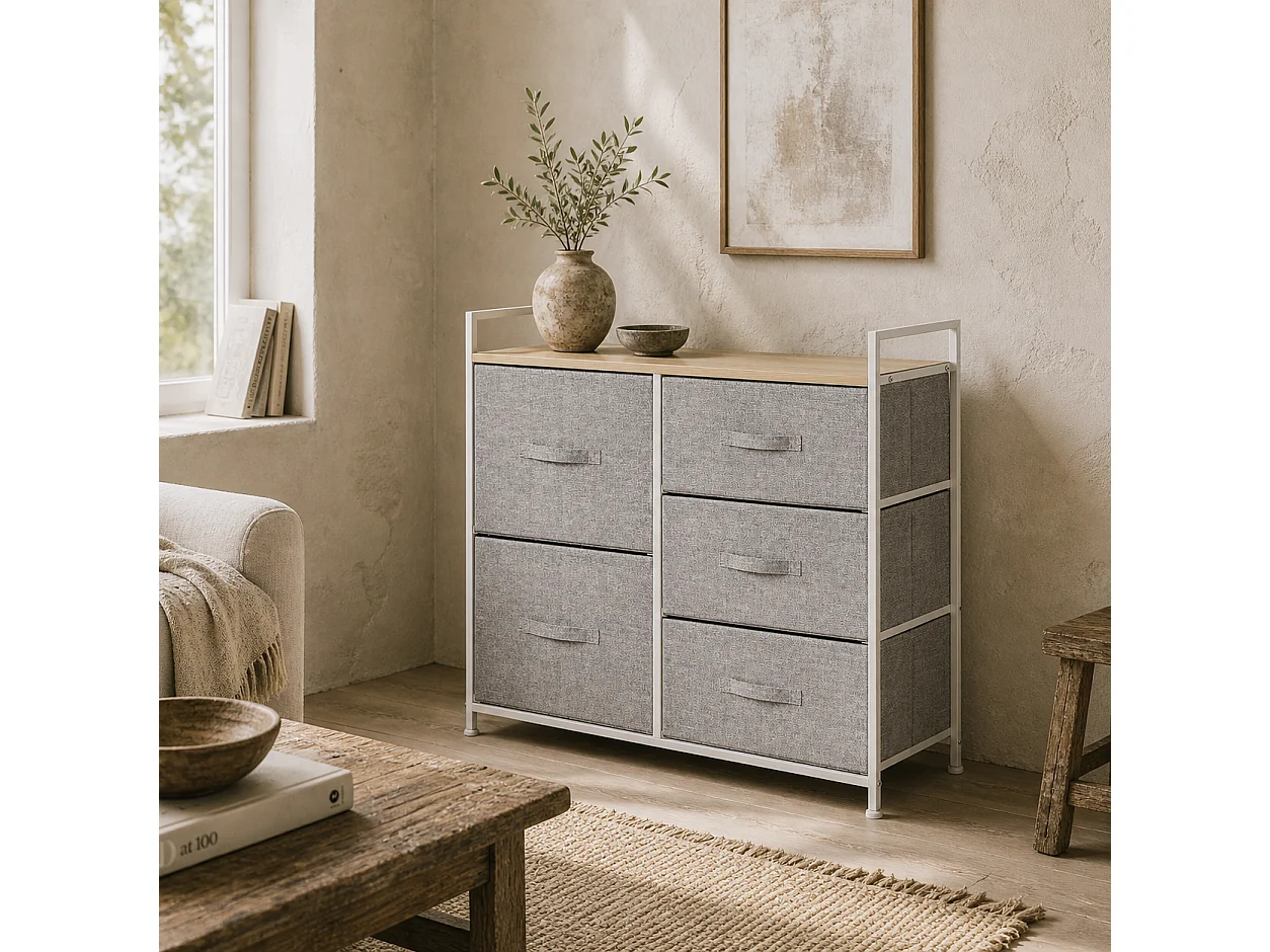 Vepapa 5 Drawer Storage Unit Grey Fabric Drawers Powder Coated Metal Frame Natural Wood Top