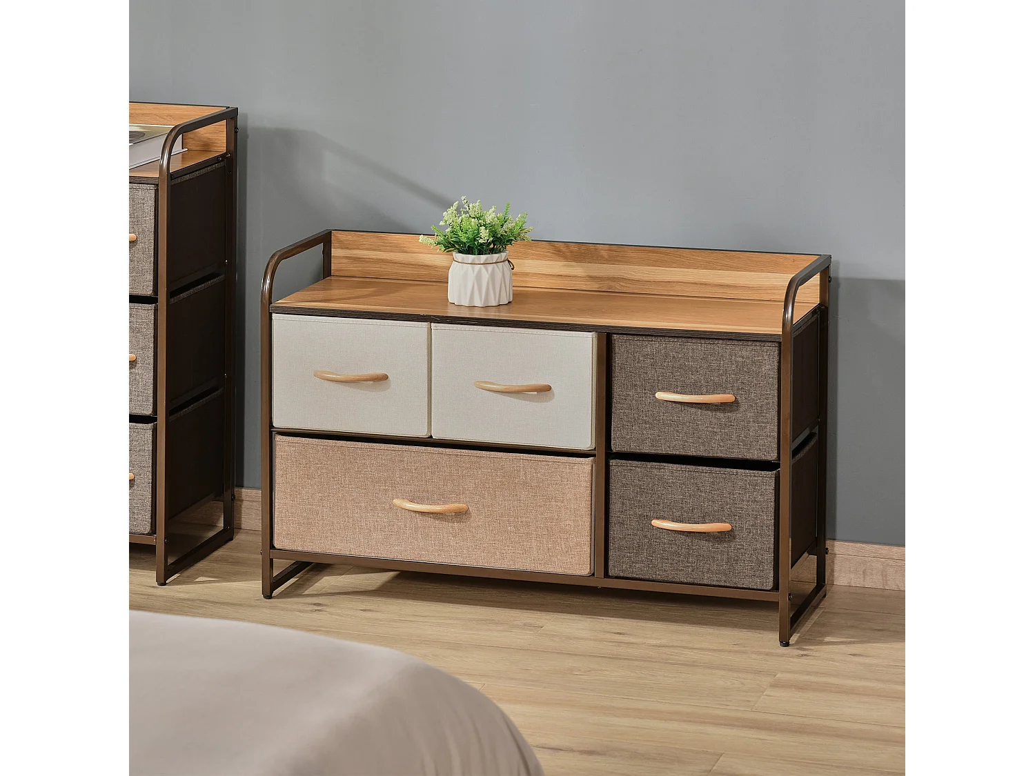 Zini 5 Drawer Linen Fabric Dresser with Steel Frame and Wood Effect Top