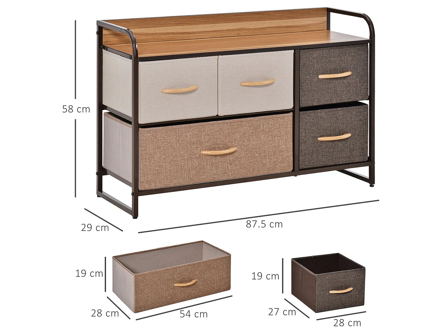Zini 5 Drawer Linen Fabric Dresser with Steel Frame and Wood Effect Top