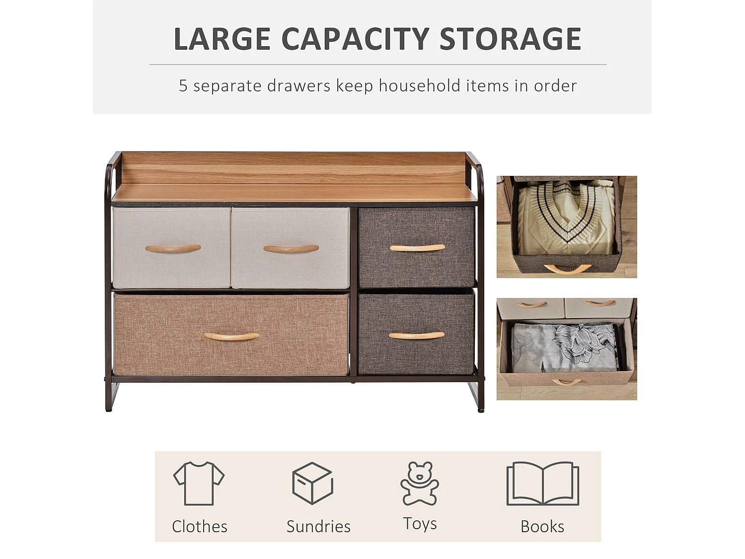 Zini 5 Drawer Linen Fabric Dresser with Steel Frame and Wood Effect Top