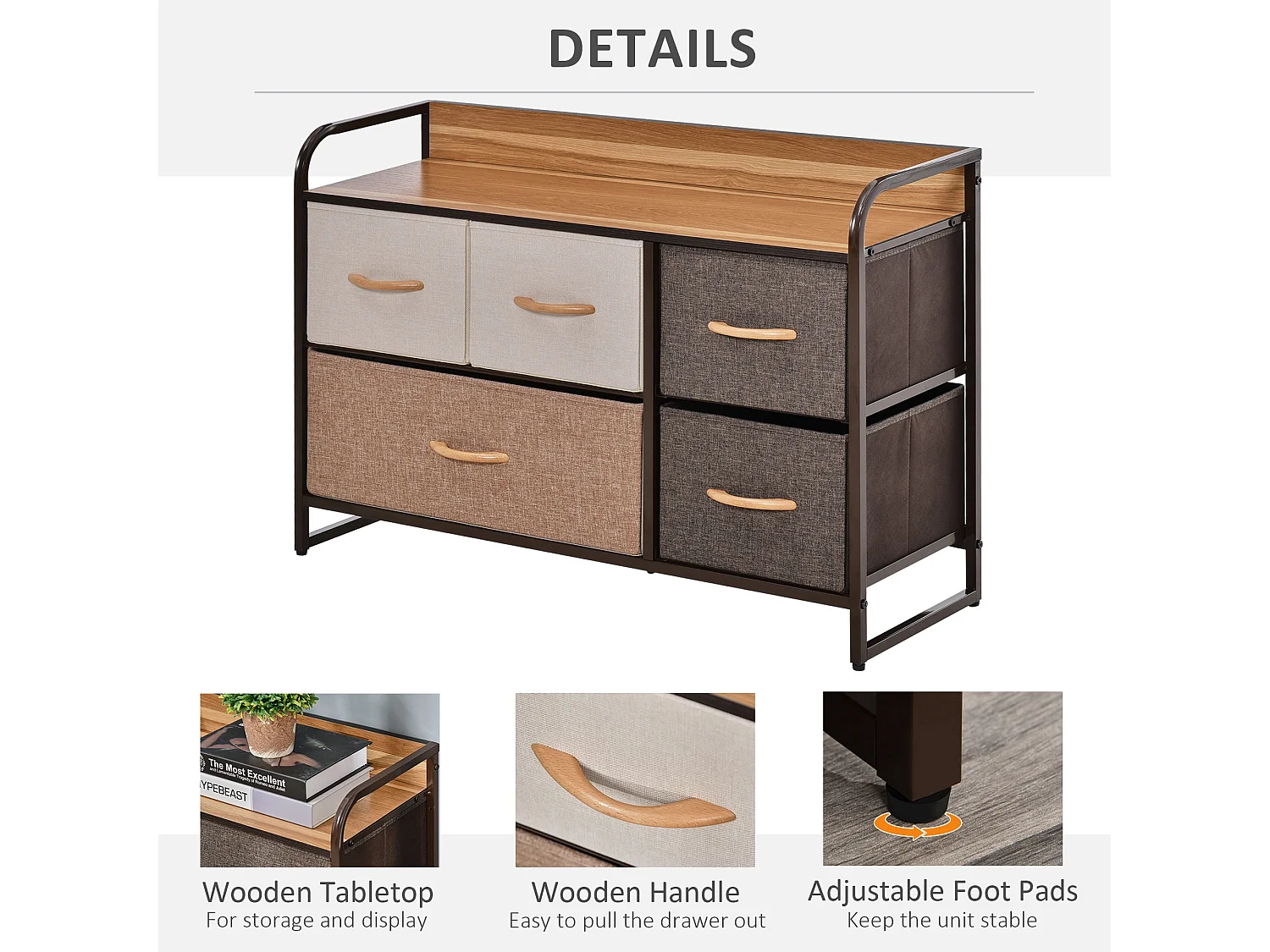 Zini 5 Drawer Linen Fabric Dresser with Steel Frame and Wood Effect Top