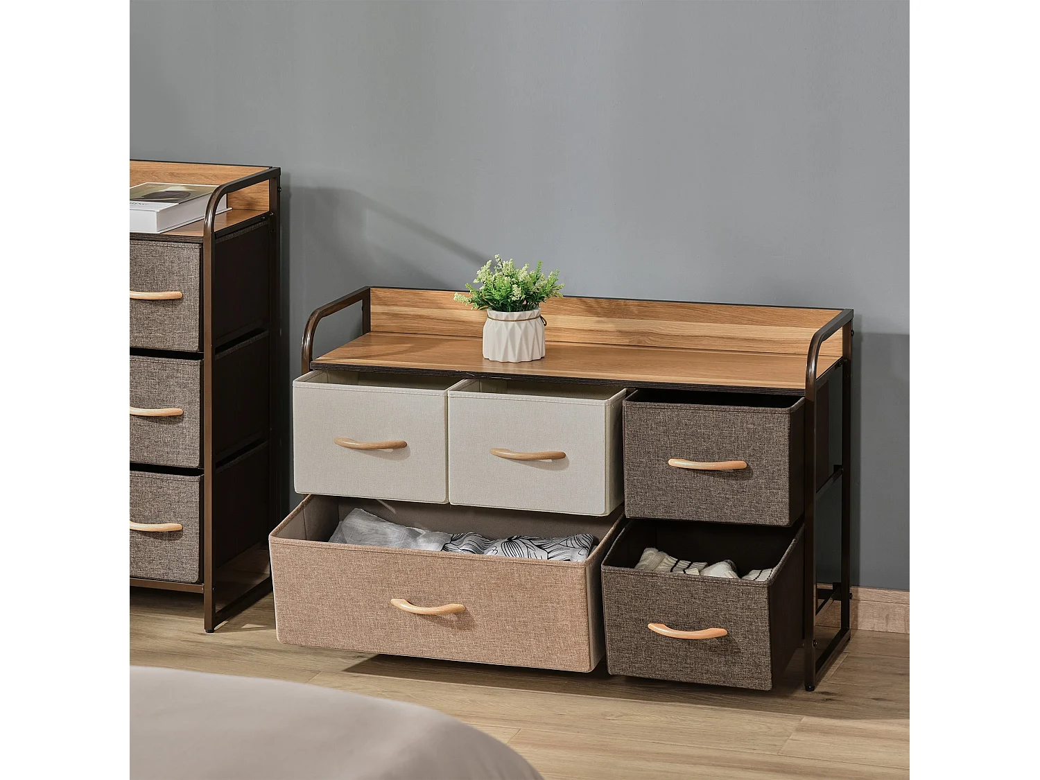 Zini 5 Drawer Linen Fabric Dresser with Steel Frame and Wood Effect Top