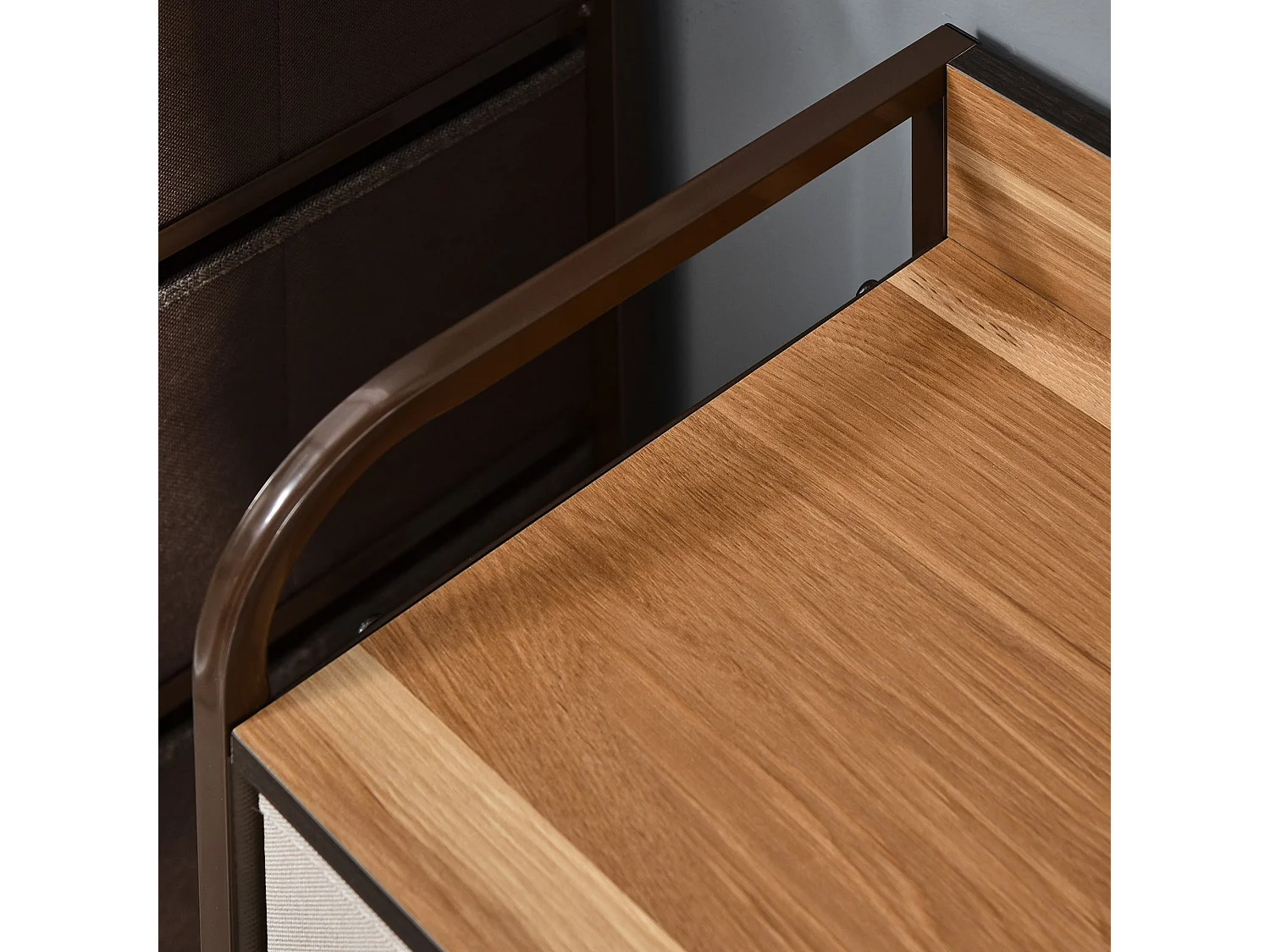 Zini 5 Drawer Linen Fabric Dresser with Steel Frame and Wood Effect Top