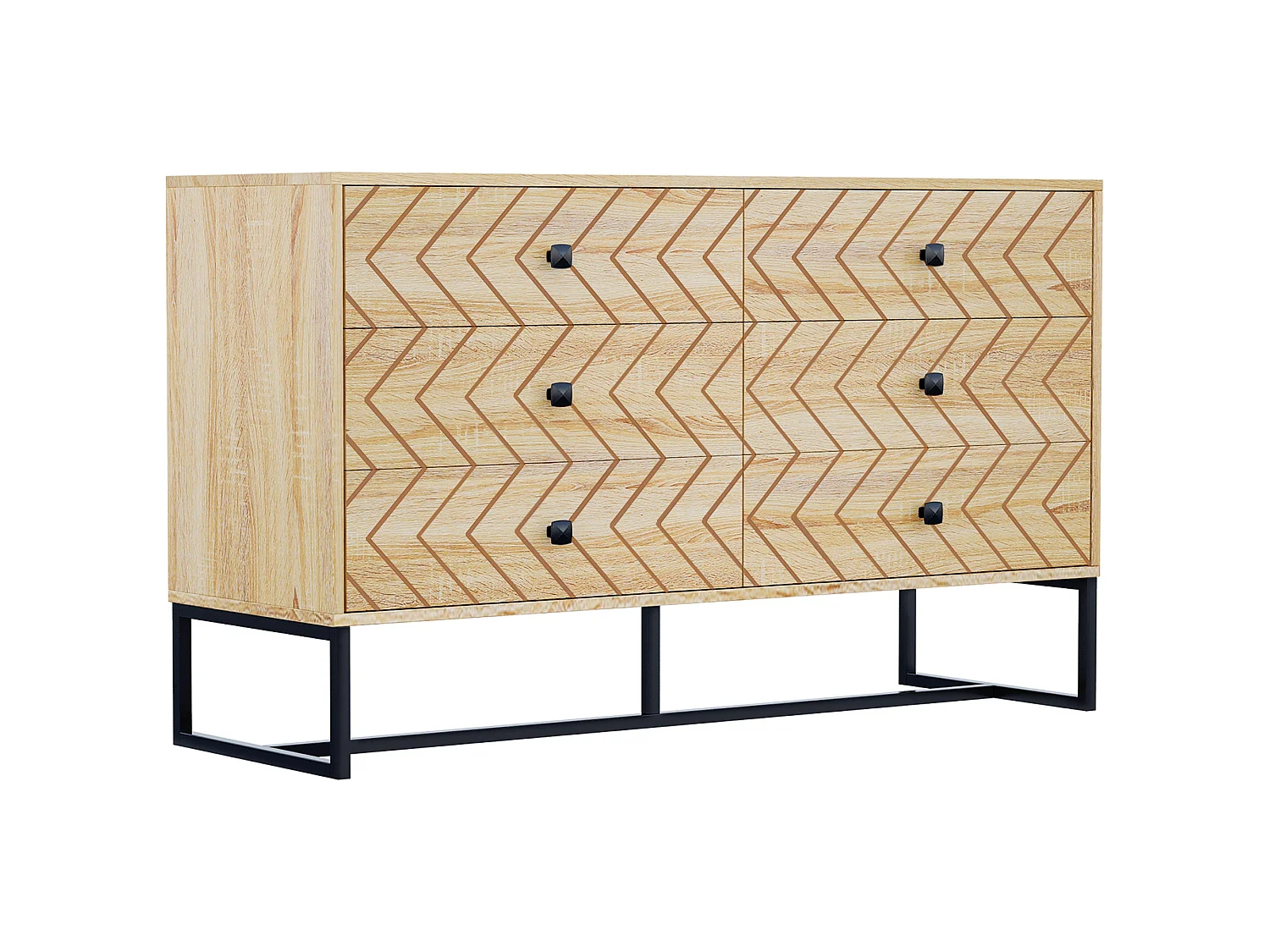 Niel Natural Wood Chevron 6 Drawer Chest with Black Metal Legs