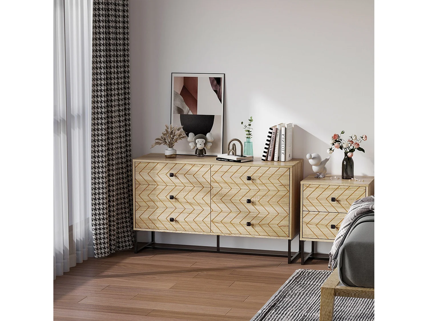 Niel Natural Wood Chevron 6 Drawer Chest with Black Metal Legs