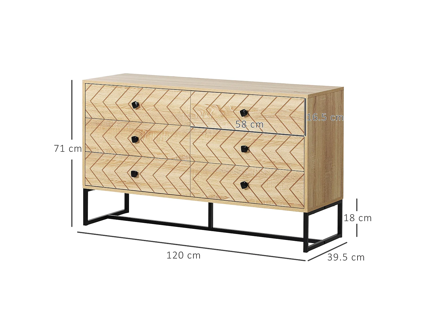 Niel Natural Wood Chevron 6 Drawer Chest with Black Metal Legs