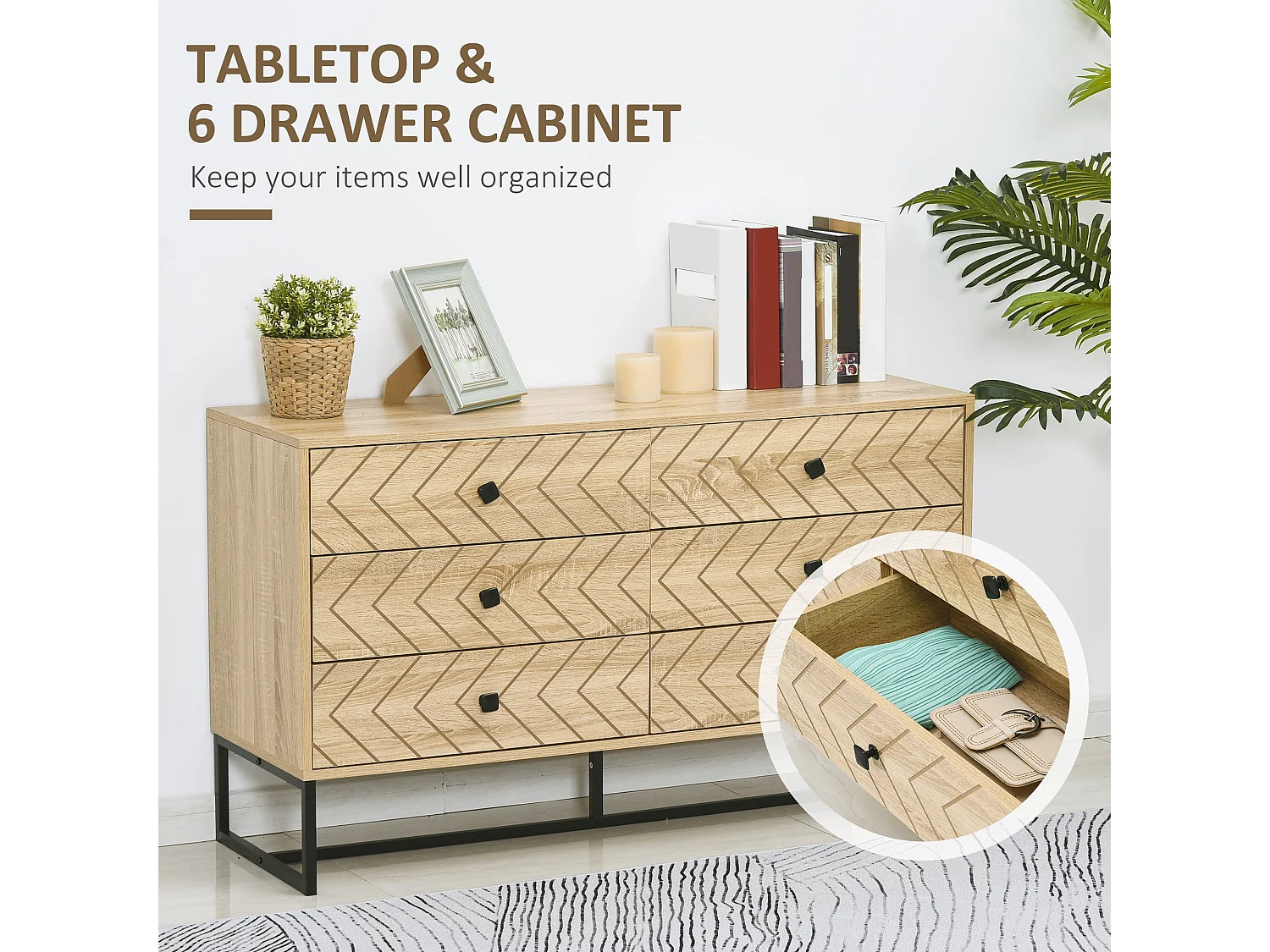 Niel Natural Wood Chevron 6 Drawer Chest with Black Metal Legs