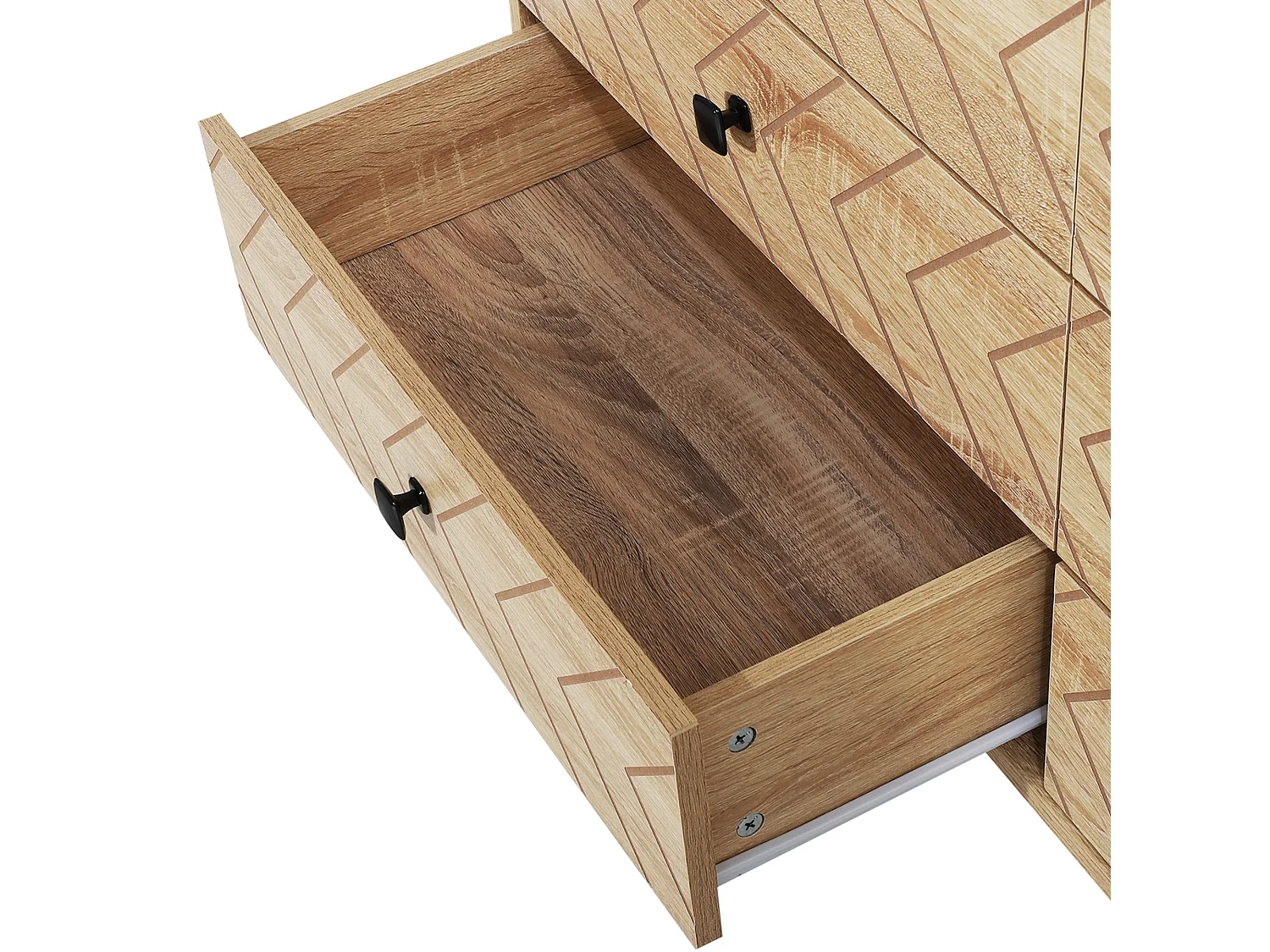 Niel Natural Wood Chevron 6 Drawer Chest with Black Metal Legs