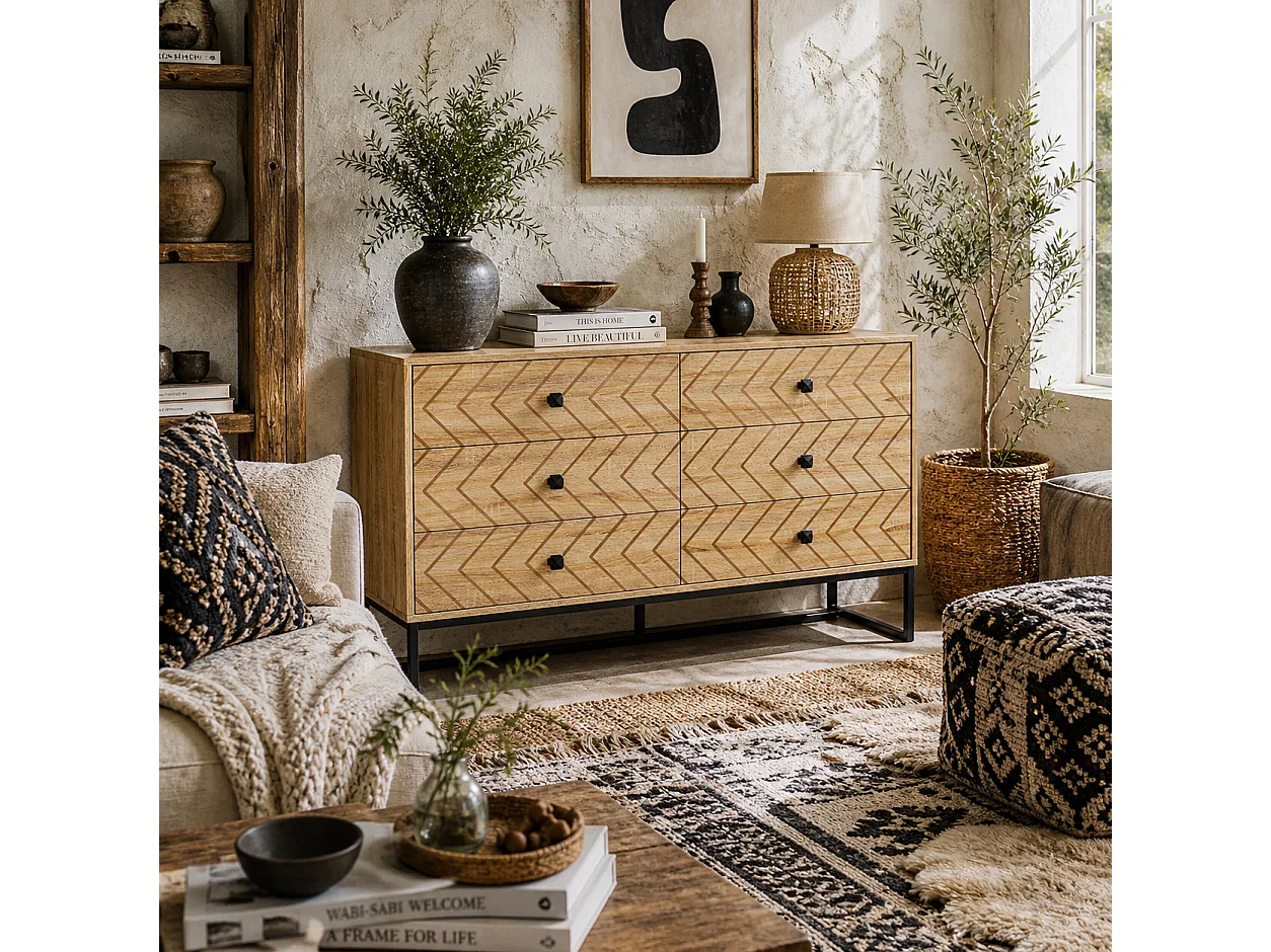 Niel Natural Wood Chevron 6 Drawer Chest with Black Metal Legs
