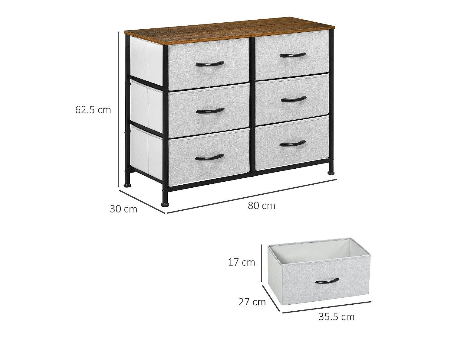 Hava 6 Drawer Industrial Fabric Chest with Steel Frame Grey Brown