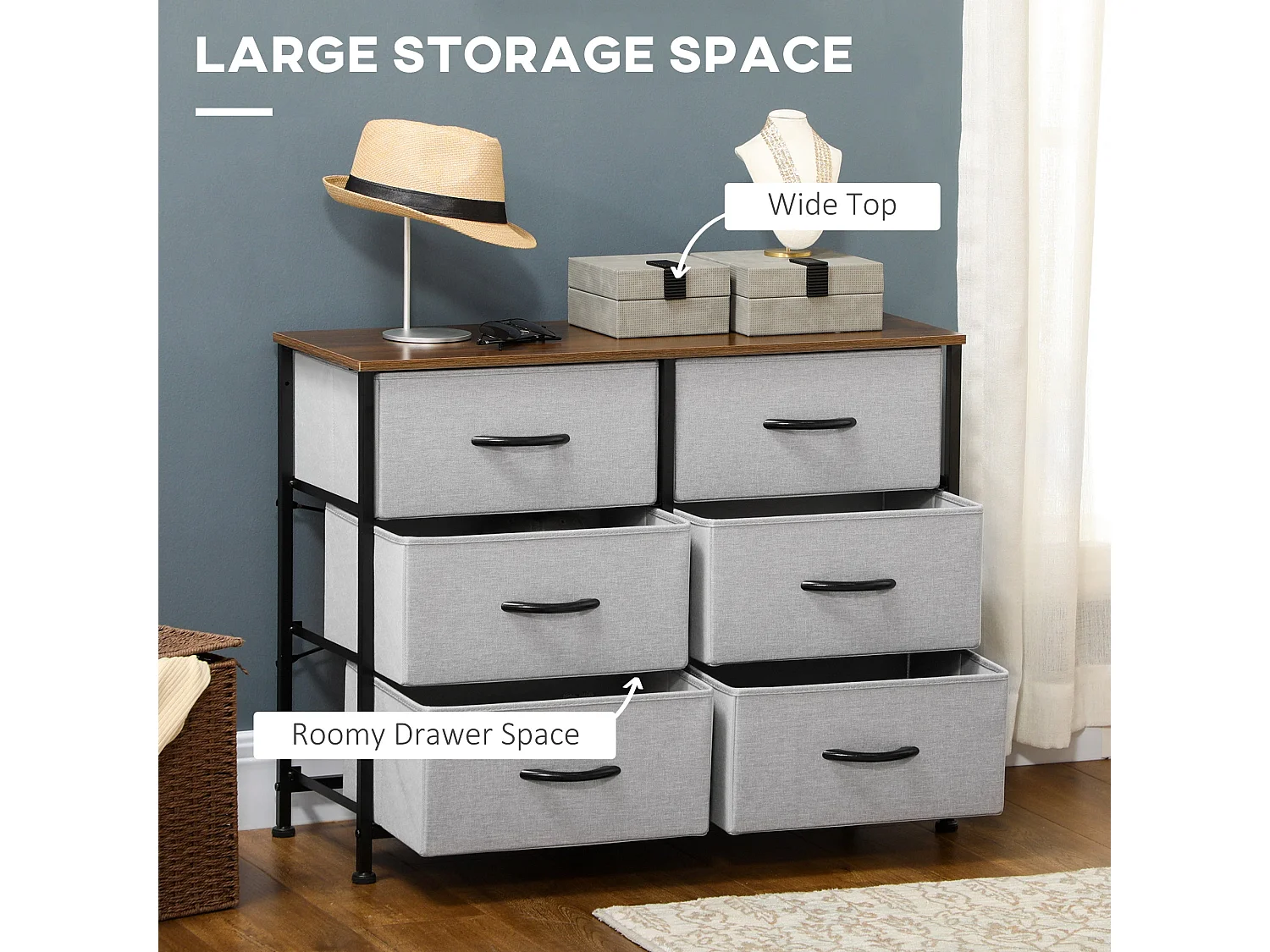 Hava 6 Drawer Industrial Fabric Chest with Steel Frame Grey Brown