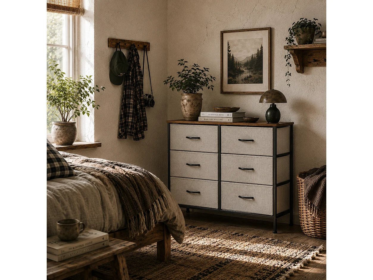 Hava 6 Drawer Industrial Fabric Chest with Steel Frame Grey Brown