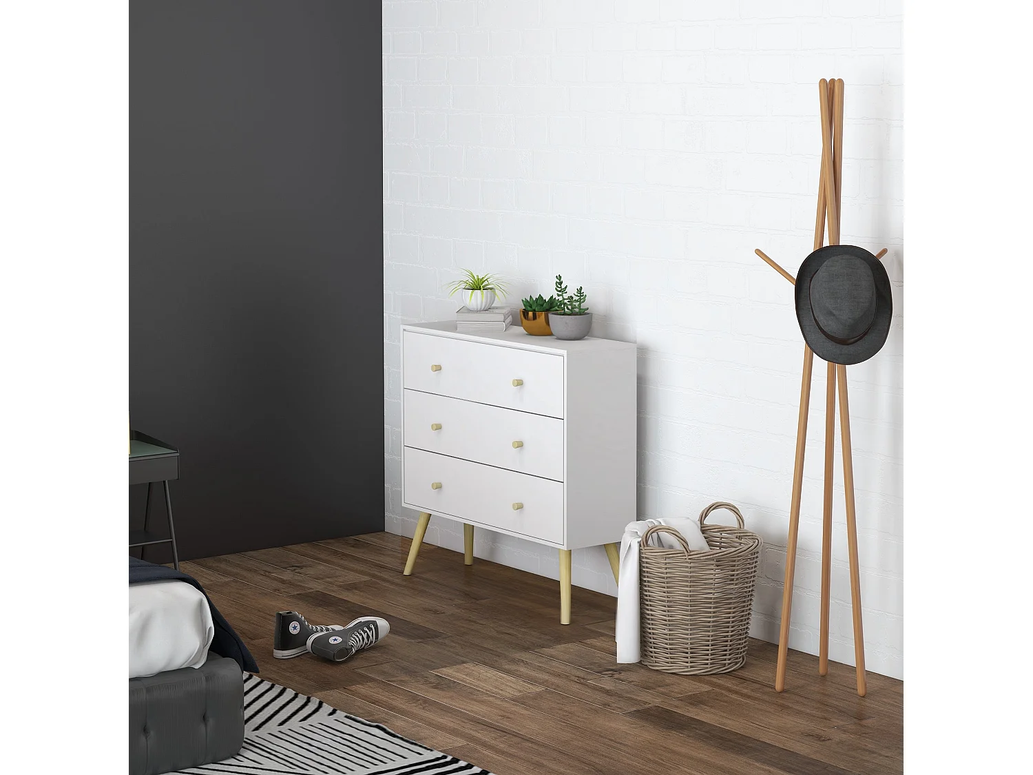 Lerosa Scandi White 3 Drawer Chest with Natural Angled Wooden Legs