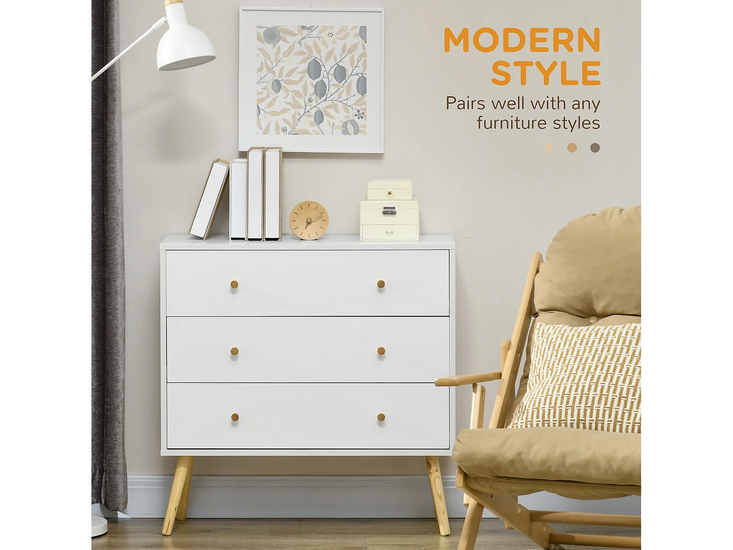 Lerosa Scandi White 3 Drawer Chest with Natural Angled Wooden Legs